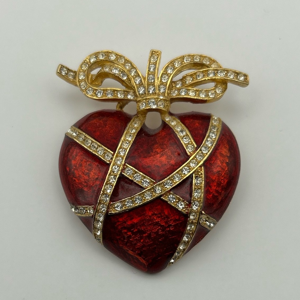 Vintage LIA (Lianna, Inc.) Red Enamel & Rhinestone Heart Brooch